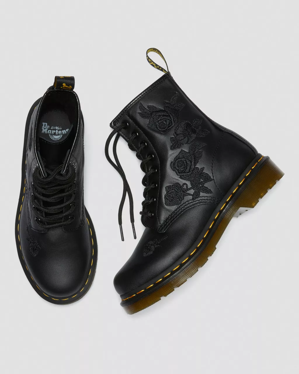 DR MARTENS 1460 Vonda Mono Floral Rose Leather Lace Up Boots
